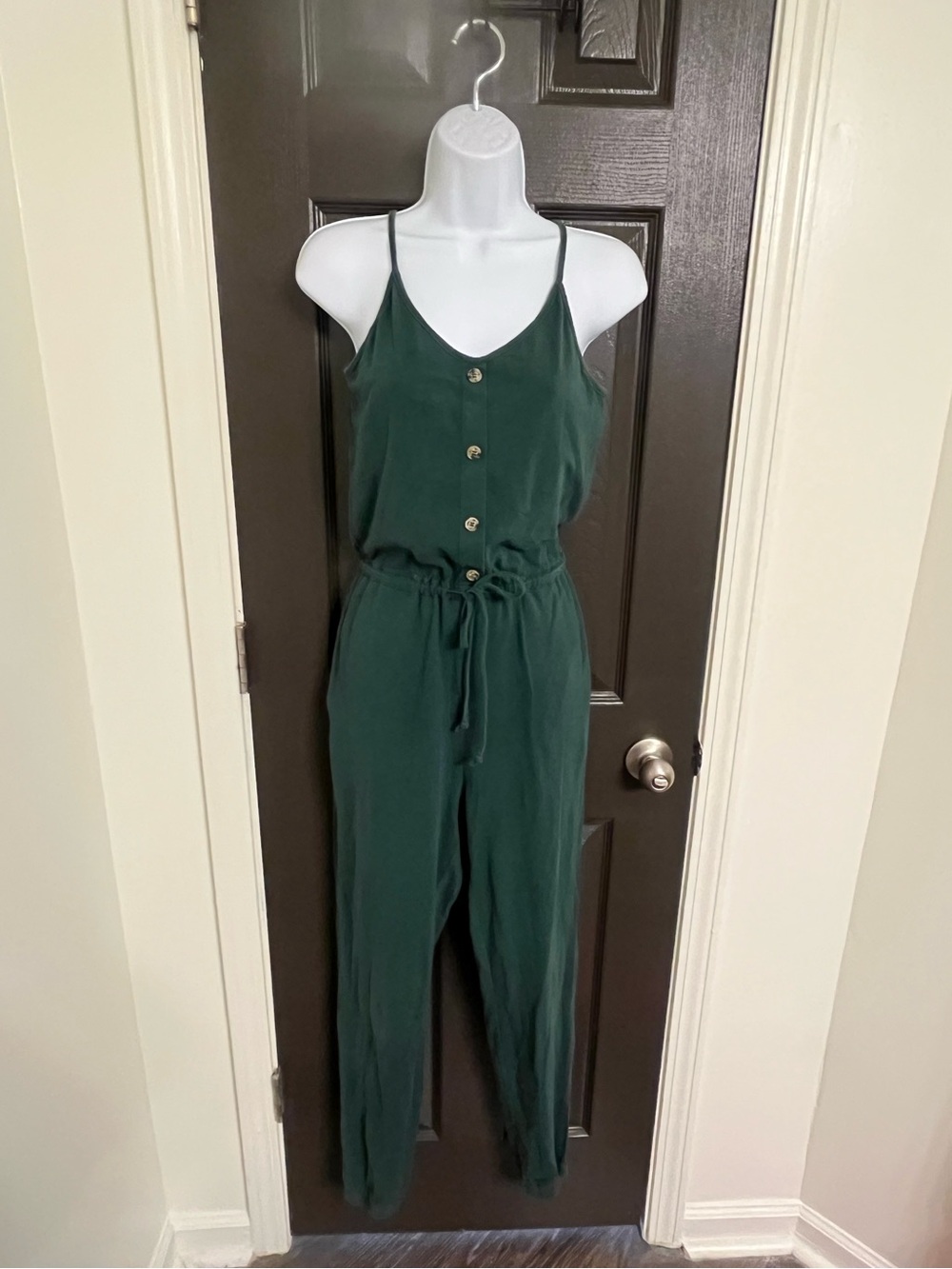 Women’s Forest Green Sleeveless Button-Front Jumpsuit